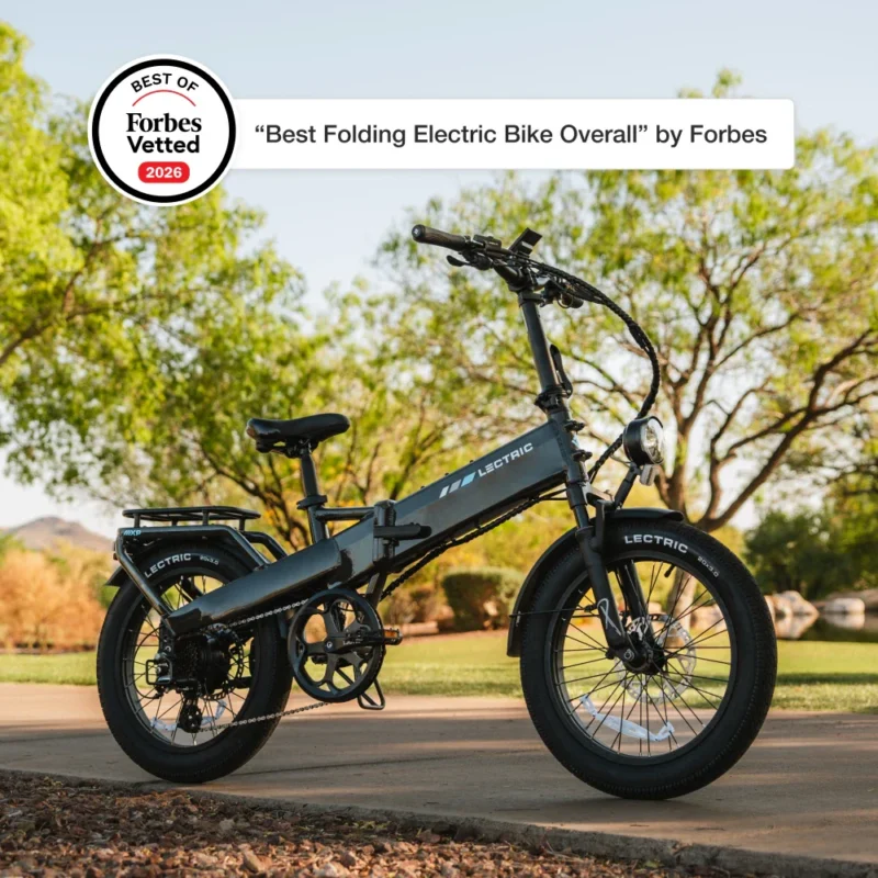 Front view of the Lectric XP4 folding electric bike with integrated LED headlight