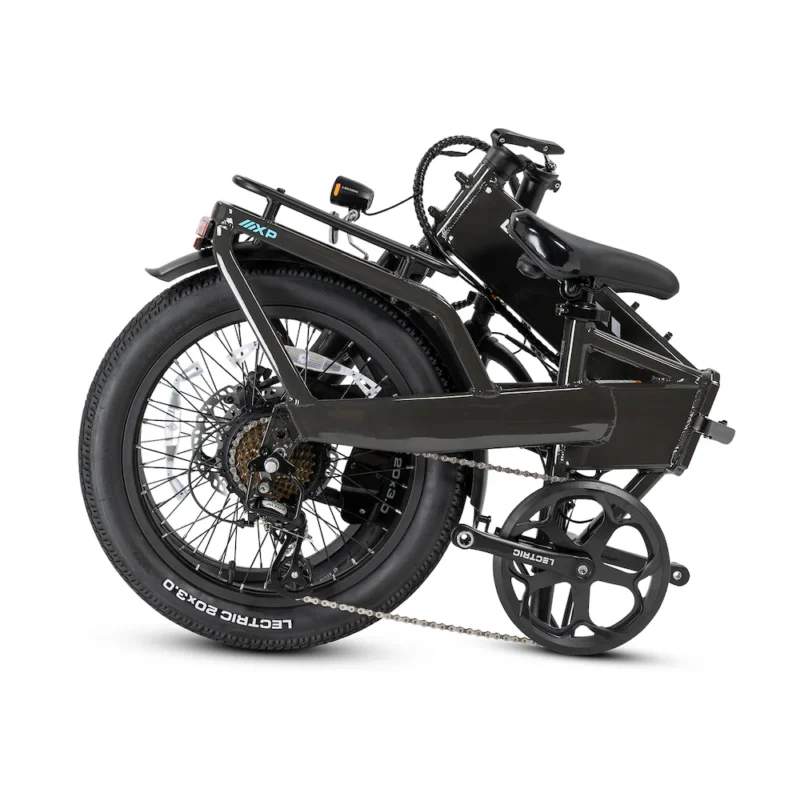 Lectric XP4 folding electric bike folded into a compact size for easy storage
