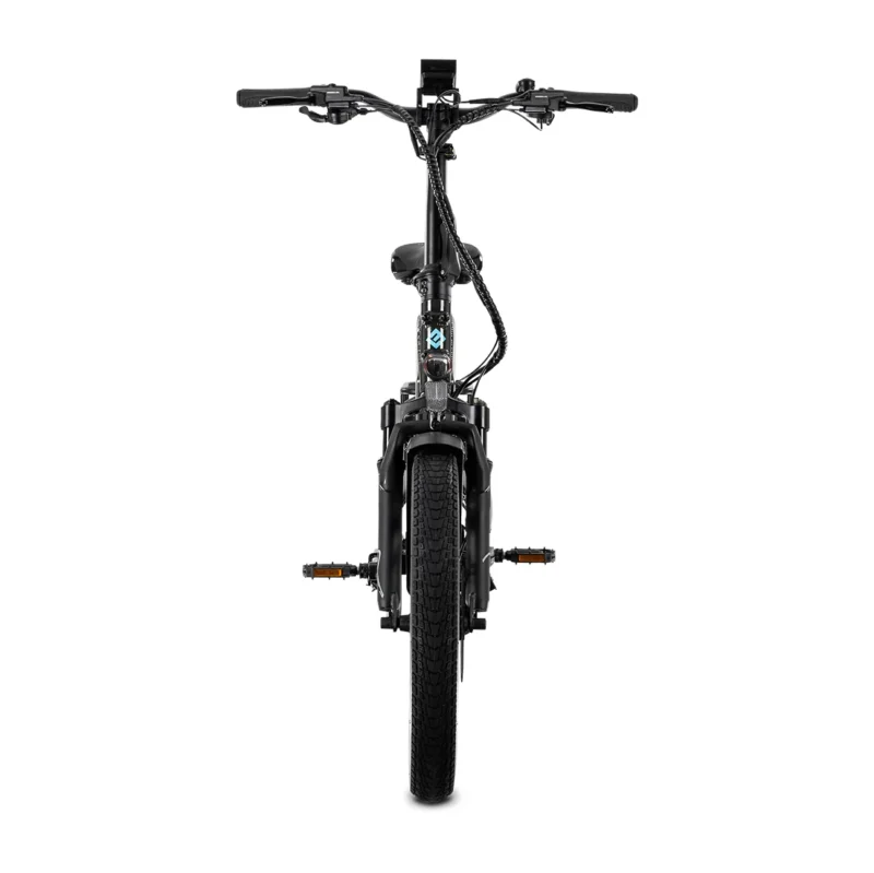 Lectric XP4 folding electric bike beside an RV at a campground