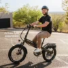 Premium Lectric XP4 folding electric bike parked outside a modern café