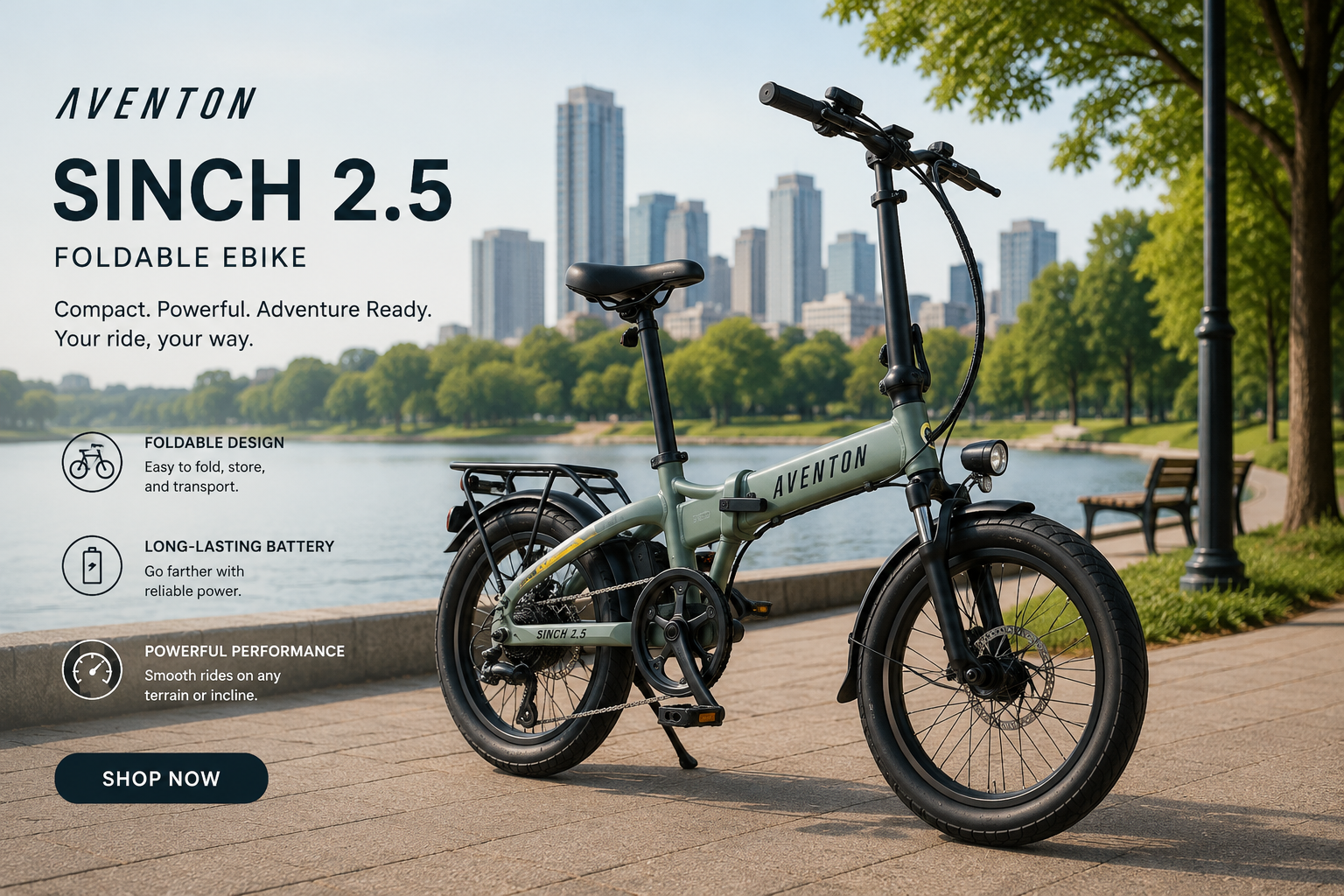 Premium Aventon Sinch 2.5 folding fat tire electric bicycle with removable battery and front suspension