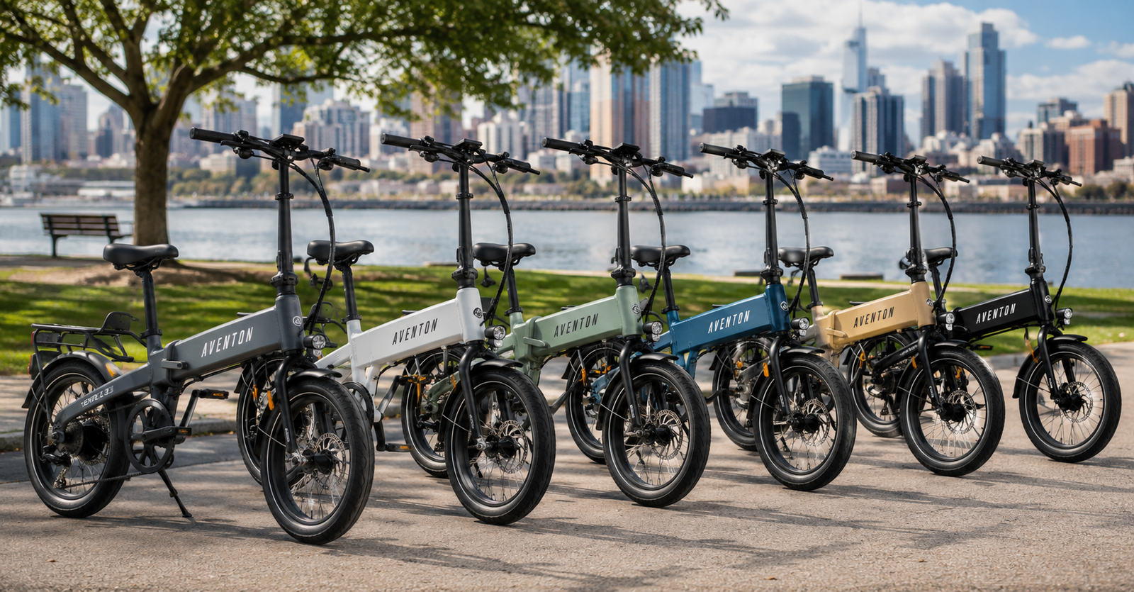 Several Aventon Sinch 2.5 folding electric bikes lined up together in a showroom featuring multiple color options