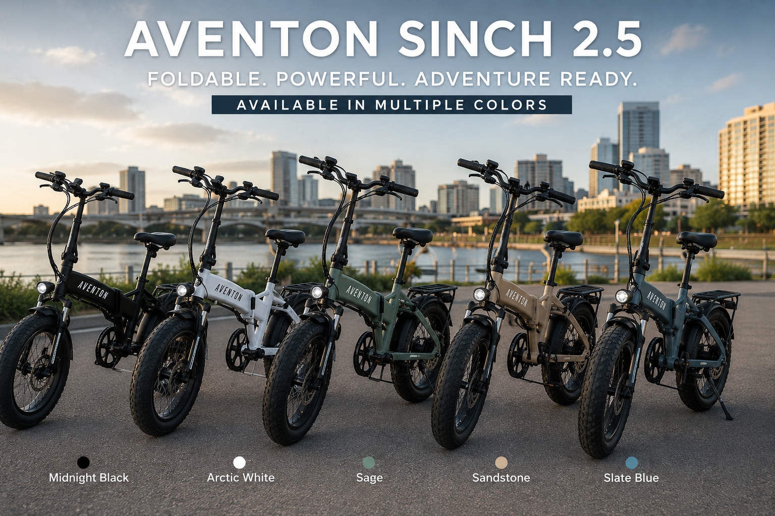Multiple Aventon Sinch 2.5 foldable electric bikes displayed together in all available colors including Sage and Black