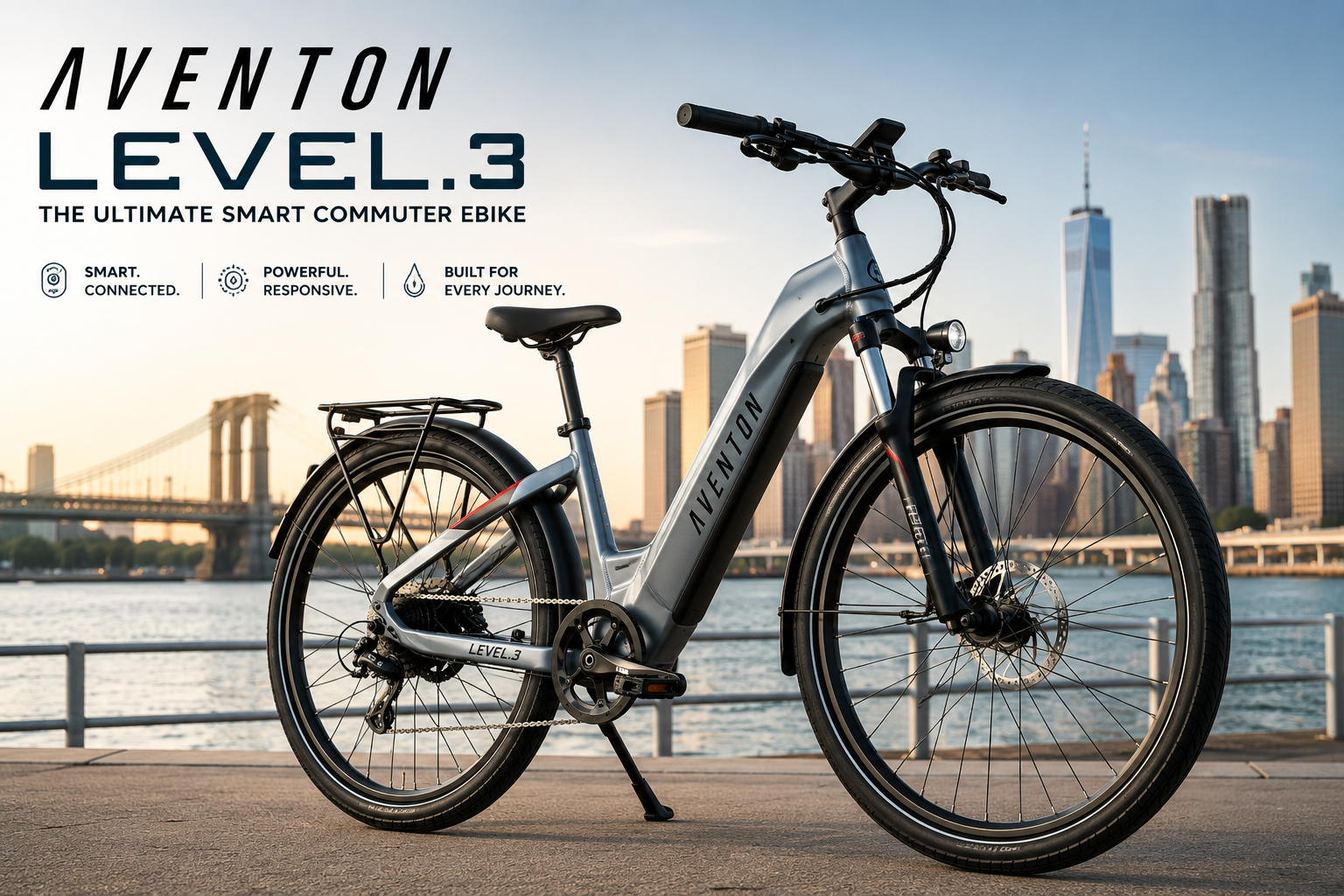 Aventon Level.3 electric bike being ridden through a modern city street