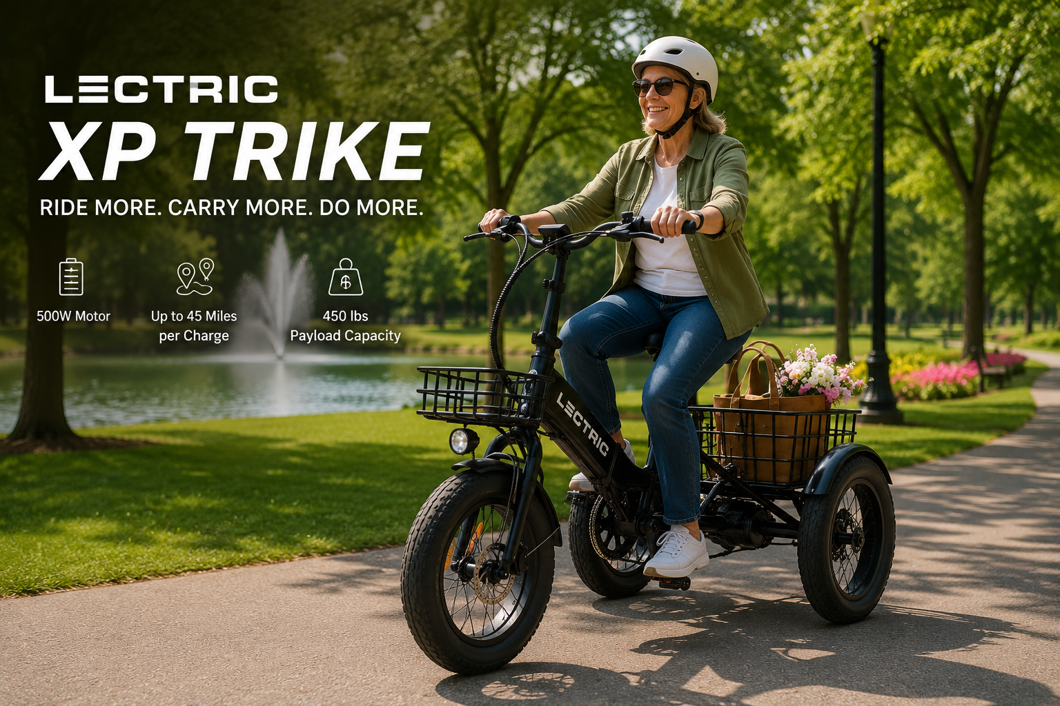 Lectric XP Trike three-wheel electric bike for adults with comfortable seating and cargo storage