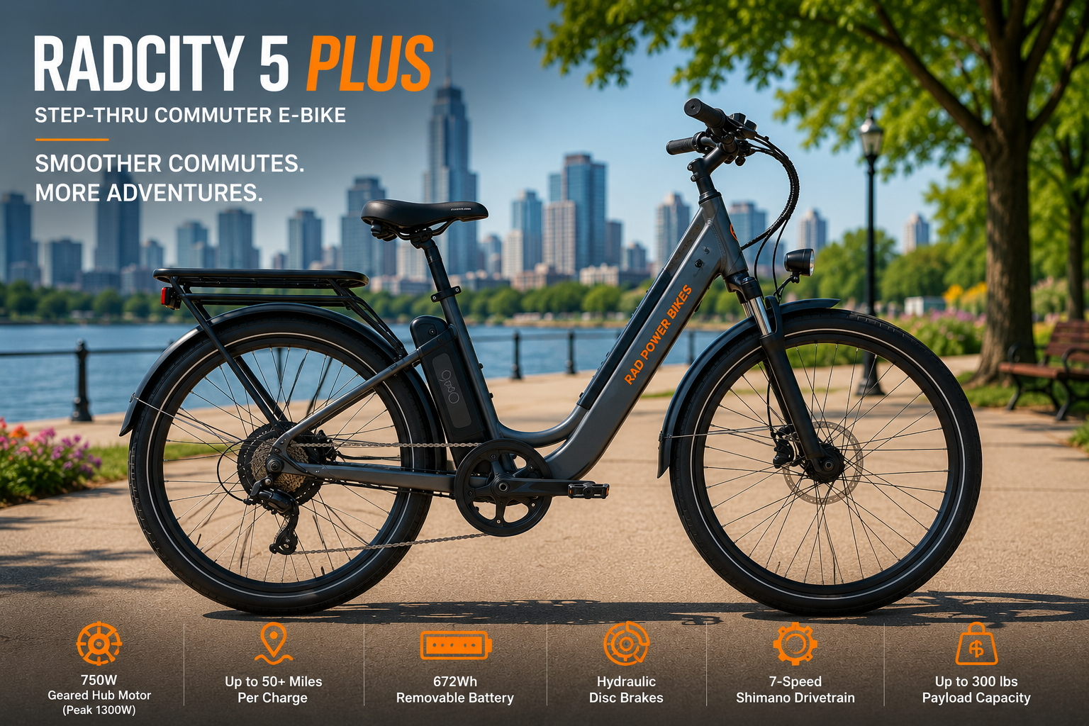 RadCity 5 Plus Step-Thru electric commuter bike with 750W motor, removable battery, hydraulic disc brakes, and integrated rear rack
