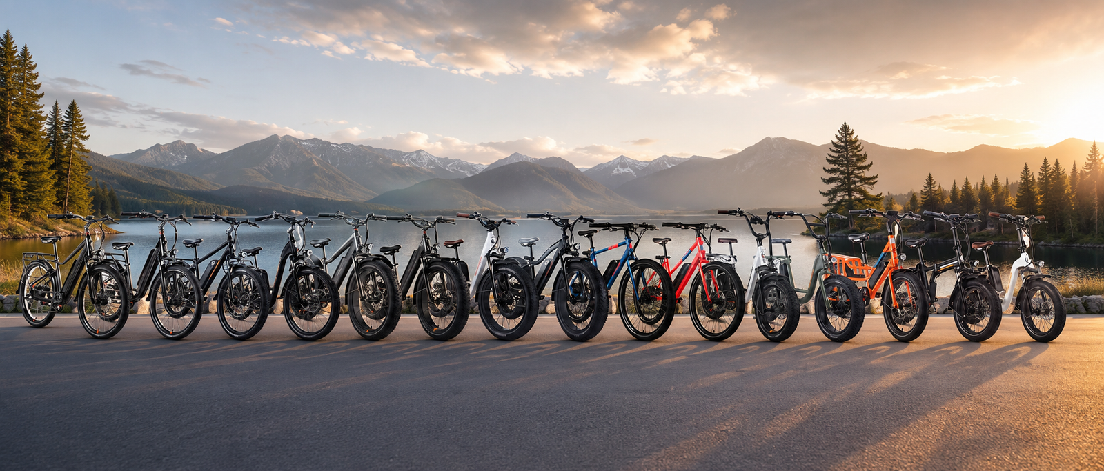 Multiple Rad Power Bikes Step-Through electric bikes lined up outdoors