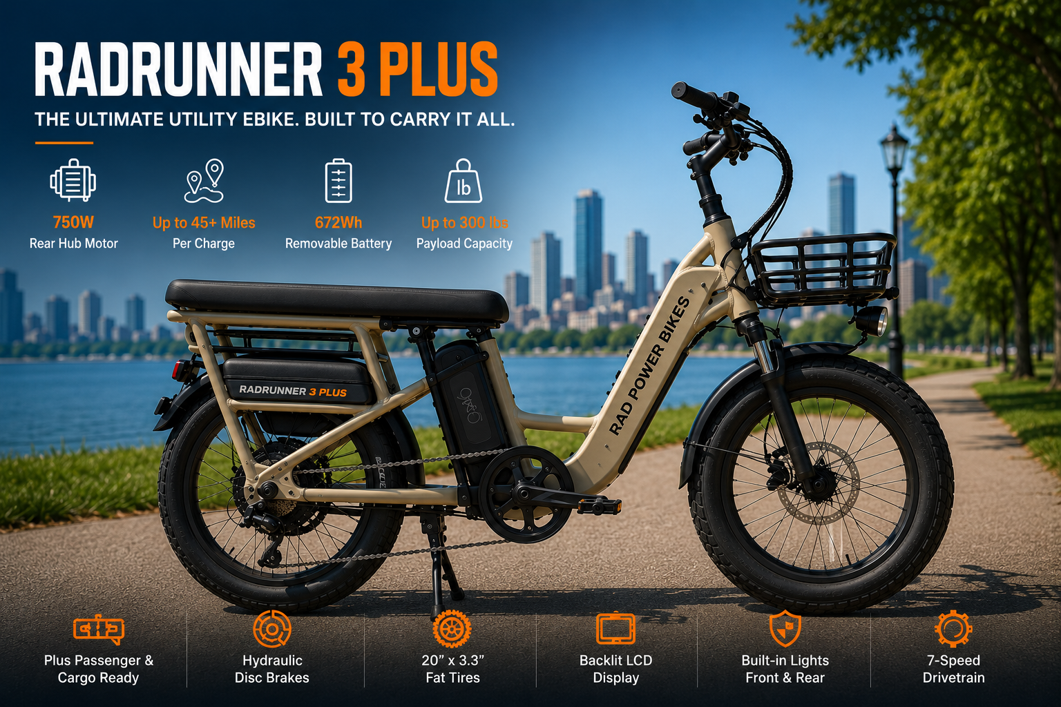 RadRunner 3 Plus premium utility electric bike with 750W geared hub motor, hydraulic disc brakes, removable battery, and integrated cargo rack