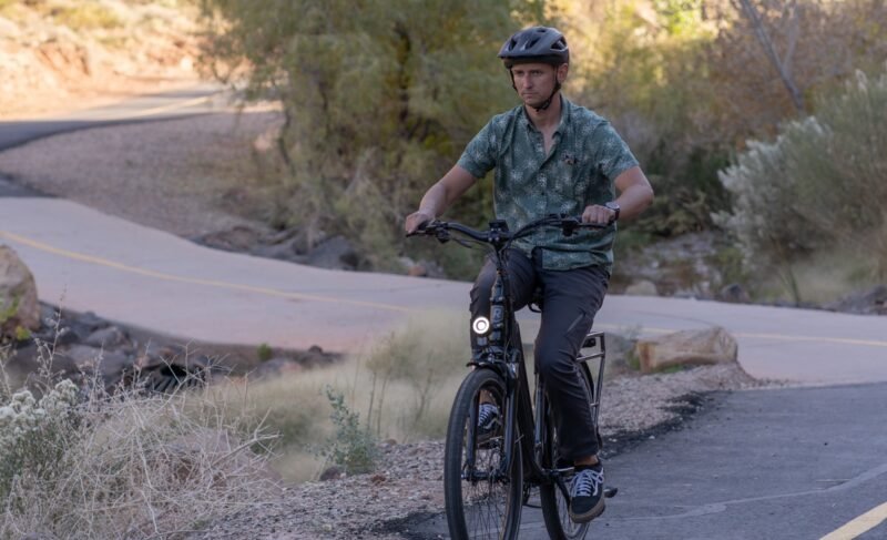 RadCity 5 Plus Step-Thru electric commuter bike riding along a beautiful urban boulevard