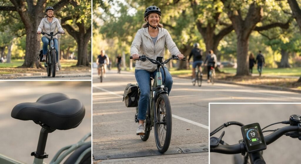 RadCity 5 Plus electric commuter bike rider enjoying a comfortable upright riding position with ergonomic saddle and handlebars.