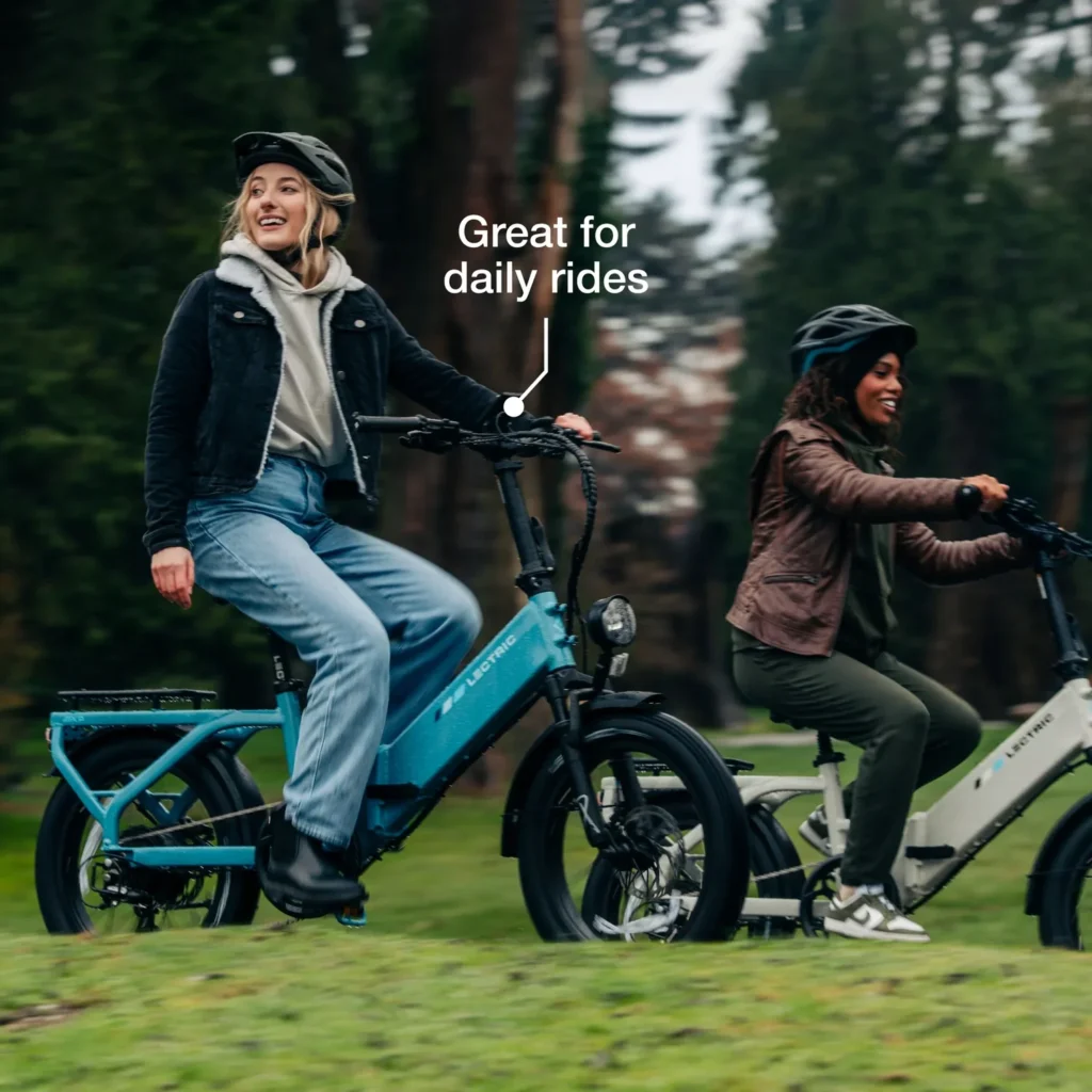 Lectric XP4 electric bike riding along a coastal beach path
