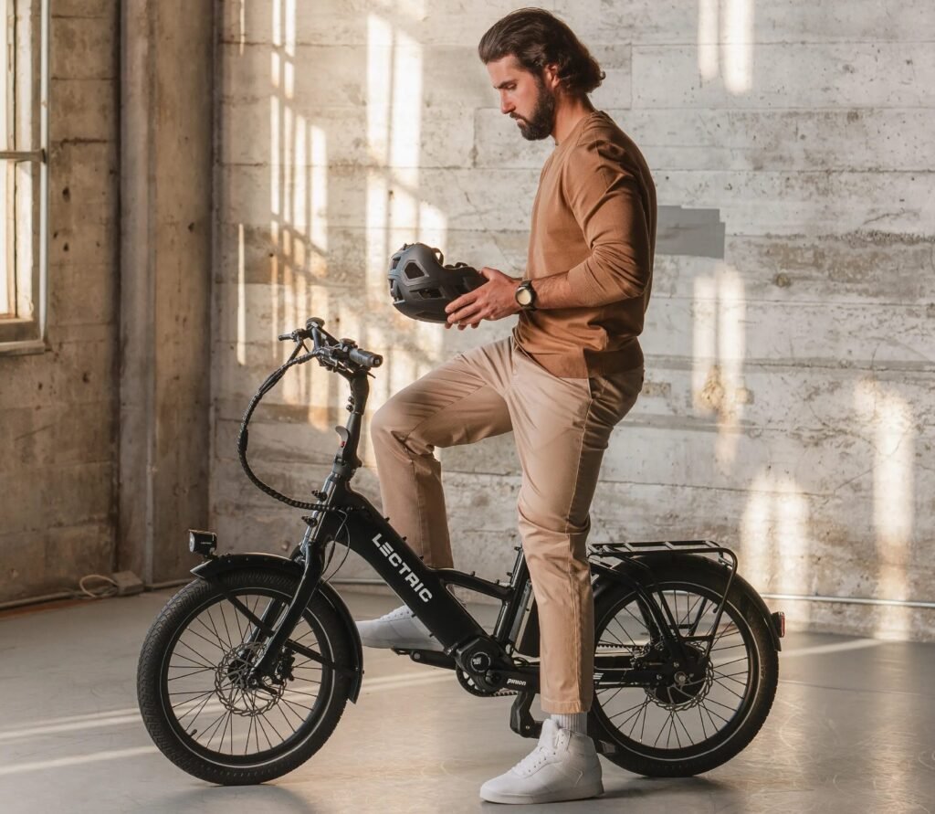 Lectric ONE electric bike parked outside a modern office building