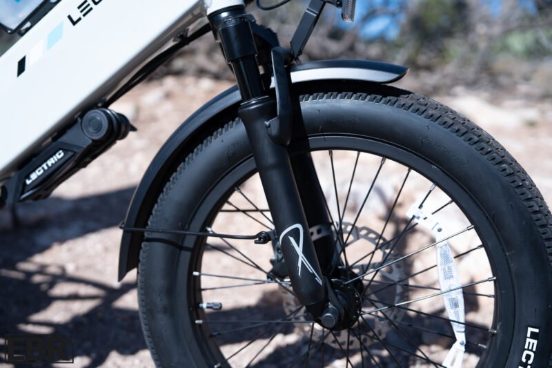 Front suspension fork on the Lectric XP4.