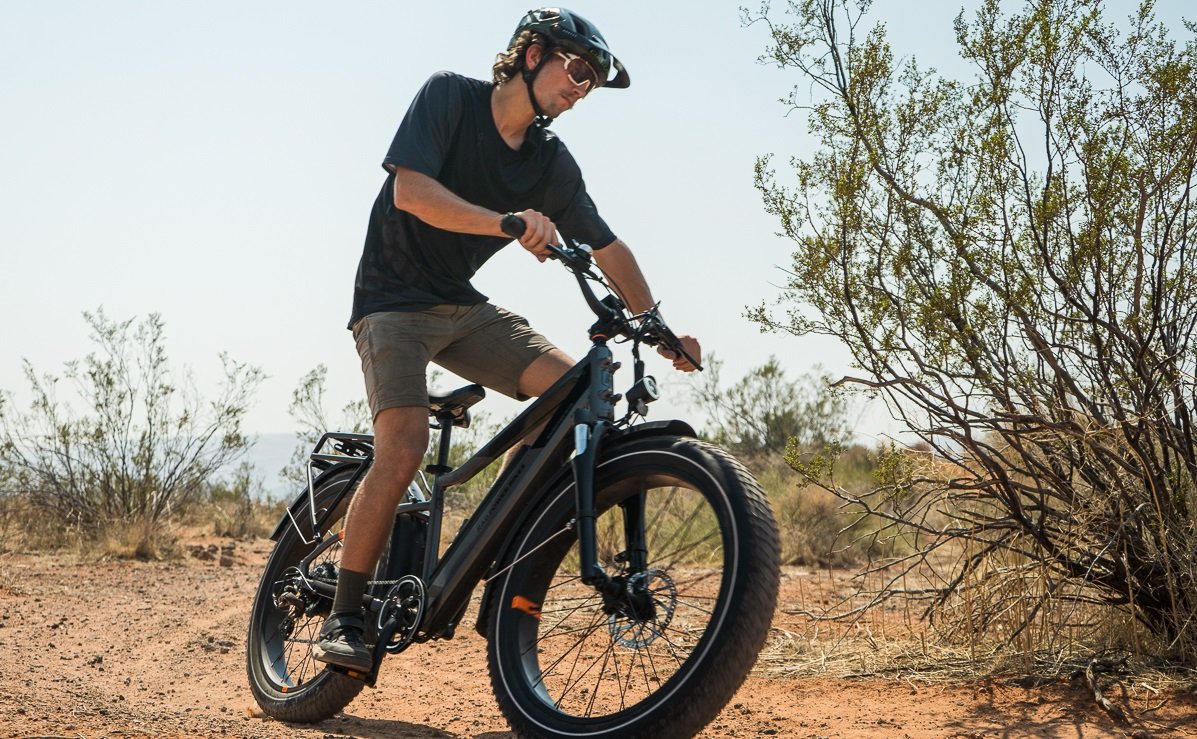 RadRover 6 Plus electric bike cornering on a paved road