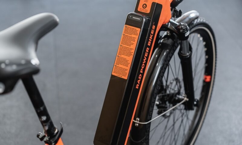 Removable lithium battery on the RadCity 5 Plus Step-Thru electric bike