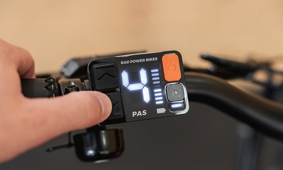 Pedal assist control buttons on the RadCity 5 Plus Step-Thru electric bike