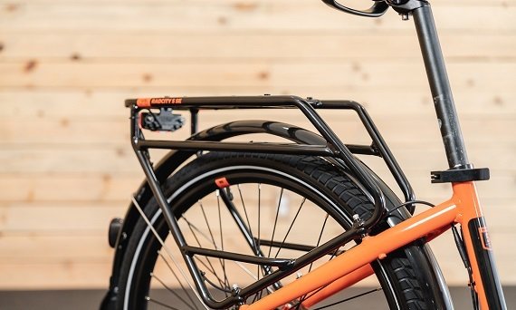Integrated rear cargo rack on the RadCity 5 Plus Step-Thru electric bike