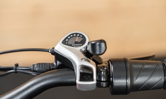 Shimano gear shifter on the RadCity 5 Plus Step-Thru electric commuter bike