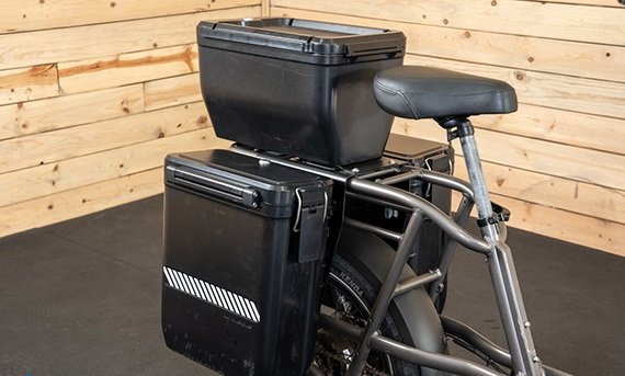 RadRunner 3 Plus utility electric bike equipped with rear cargo storage boxes