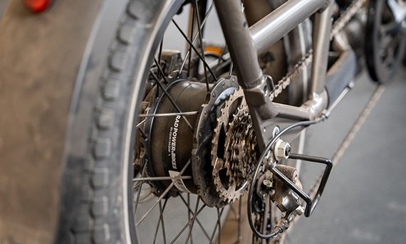 Front hydraulic disc brake rotor on the RadRunner 3 Plus utility e-bike