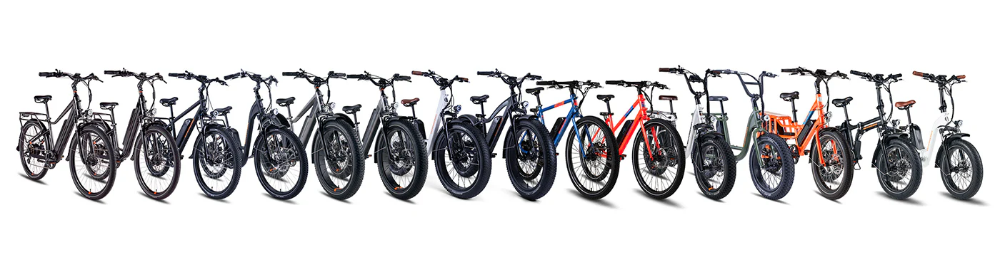 Multiple RadCity 5 Plus electric commuter bikes lined up in different color options