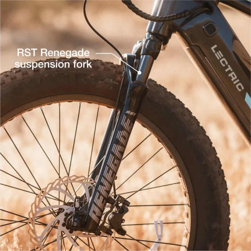 Front suspension fork on the Lectric XPeak 2.0 electric bike