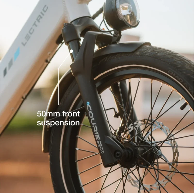 Front suspension fork on the Lectric XPedition 2.0 cargo e-bike