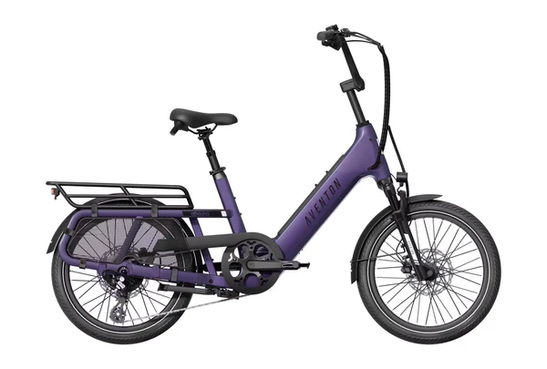 Aventon Abound SR electric cargo bike secured at a bicycle parking station