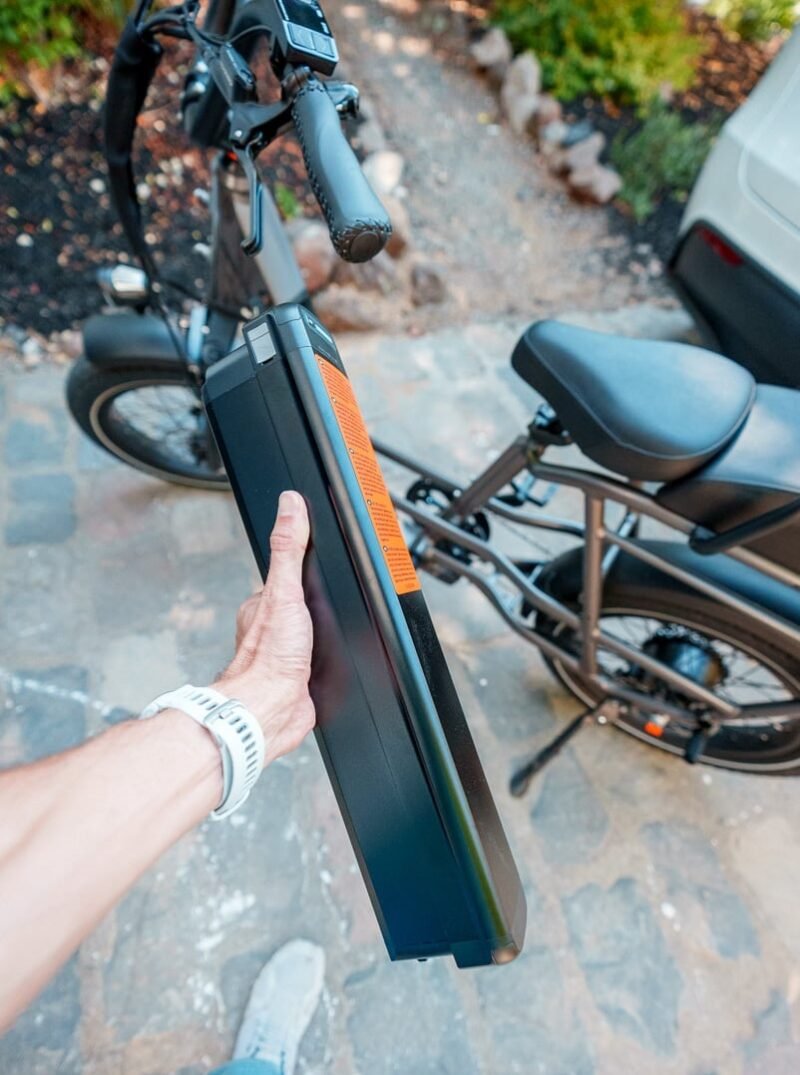 Removable 48V lithium-ion battery on the RadRunner 3 Plus utility electric bike