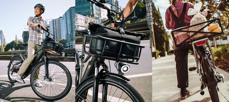 RadCity 5 Plus electric commuter bike cruising through busy downtown city streets