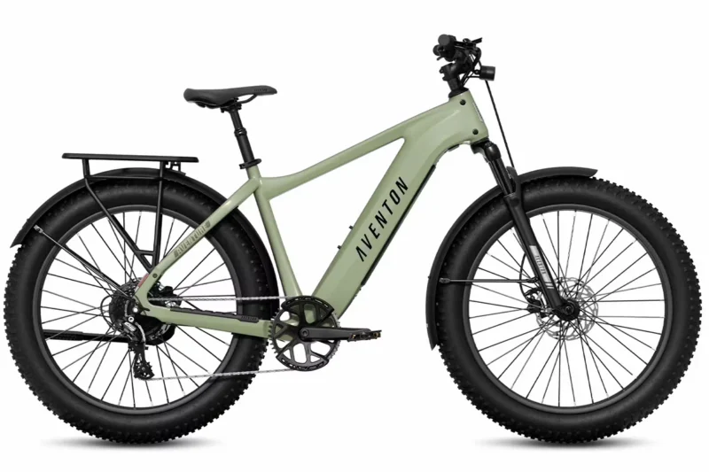Aventon Aventure.3 fat tire electric bike with 750W rear hub motor, removable battery, front suspension, and hydraulic disc brakes