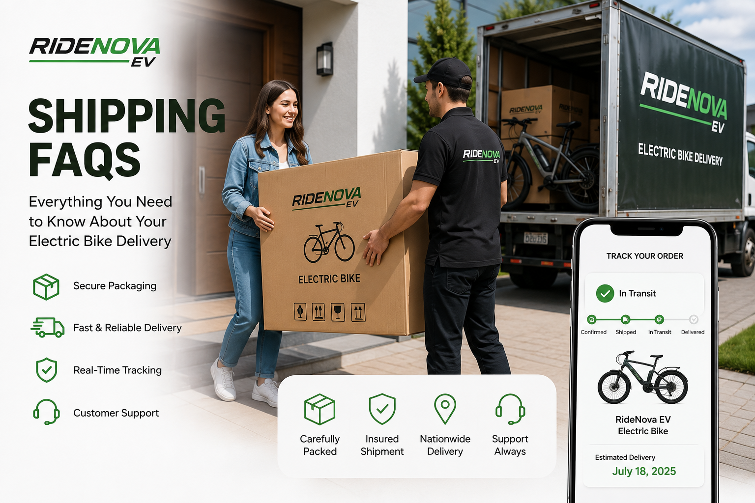 RideNova EV Shipping FAQs showing an electric bike delivery, secure packaging, customer receiving an eBike, and real-time order tracking.