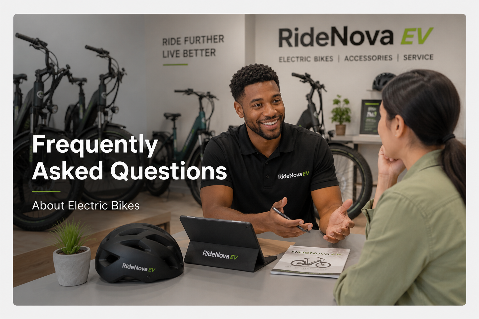RideNova EV customer support representative assisting a customer in an electric bike showroom during a product consultation.