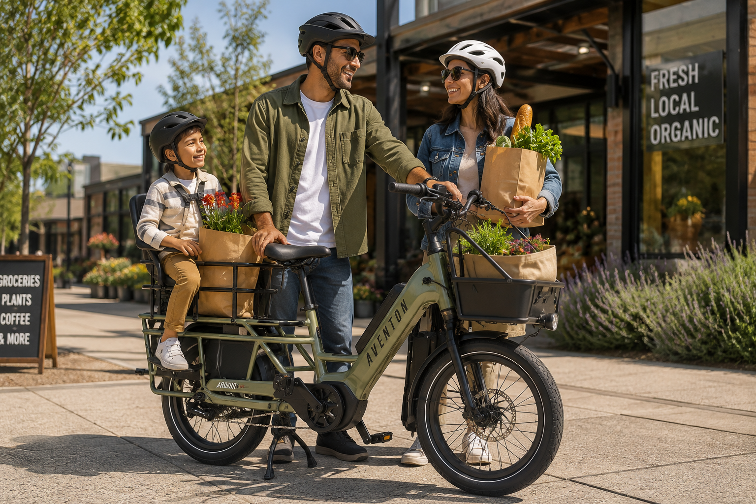 Family using the Aventon Abound SR Cargo eBike for grocery shopping with child and cargo baskets