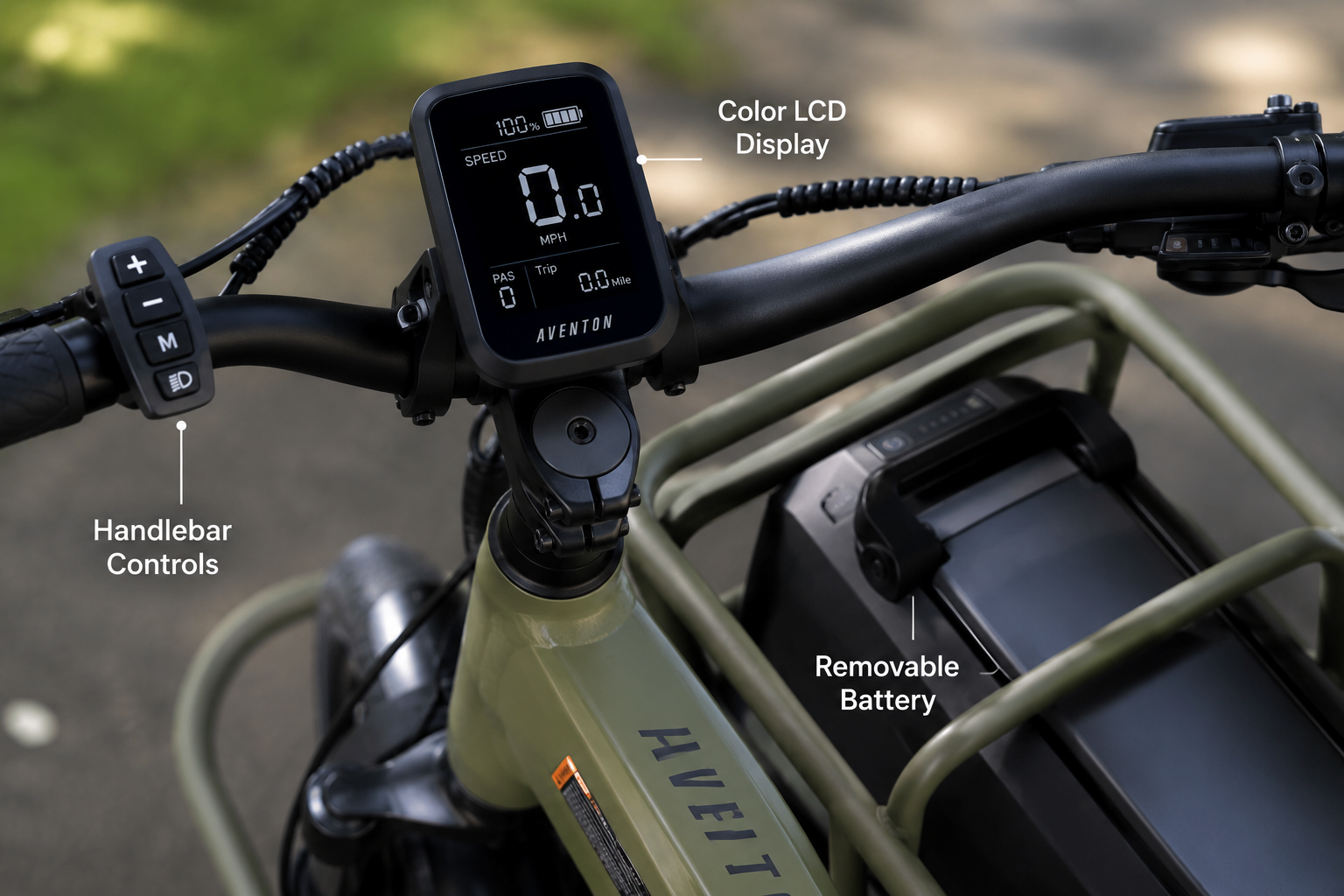 Aventon Abound SR cargo eBike display, removable battery, and handlebar controls close-up