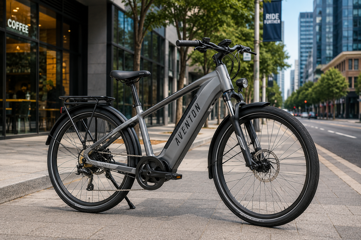 Aventon Level 3 Commuter eBike parked on a modern city street showcasing its sleek commuter design.