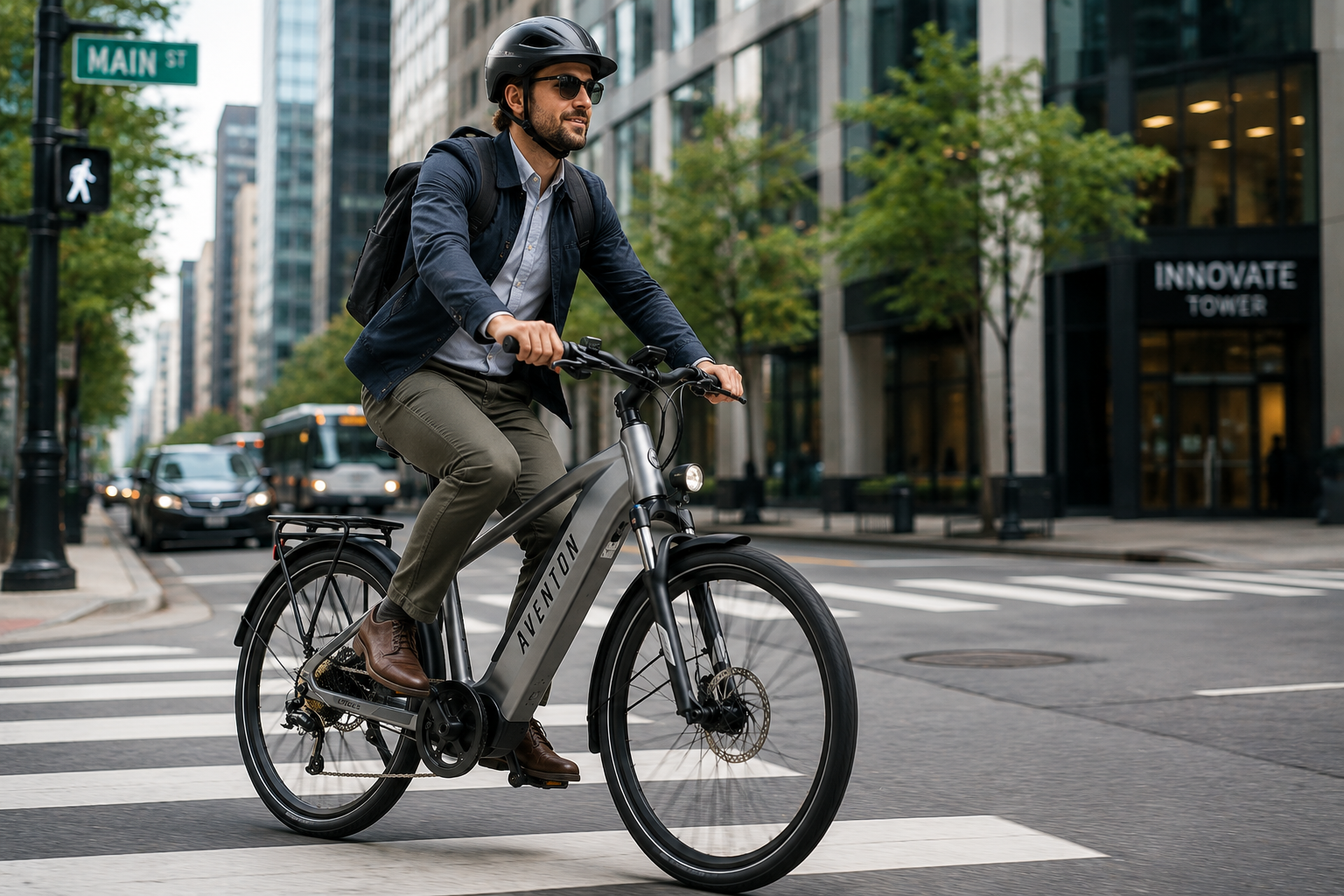 Rider commuting to work on an Aventon Level 3 Commuter eBike through busy downtown streets.