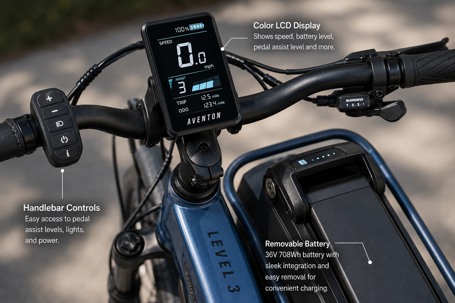 Close-up of the Aventon Level 3 commuter eBike display, removable battery, and handlebar controls