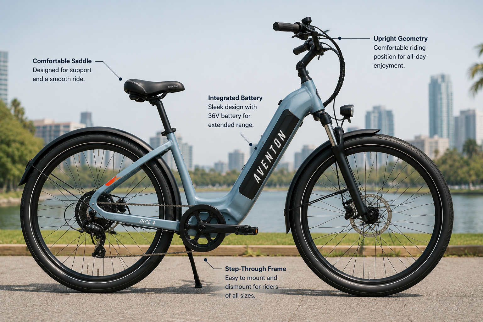 Side profile of the Aventon Pace 4 electric bike showing its integrated battery, lightweight frame, and upright riding geometry