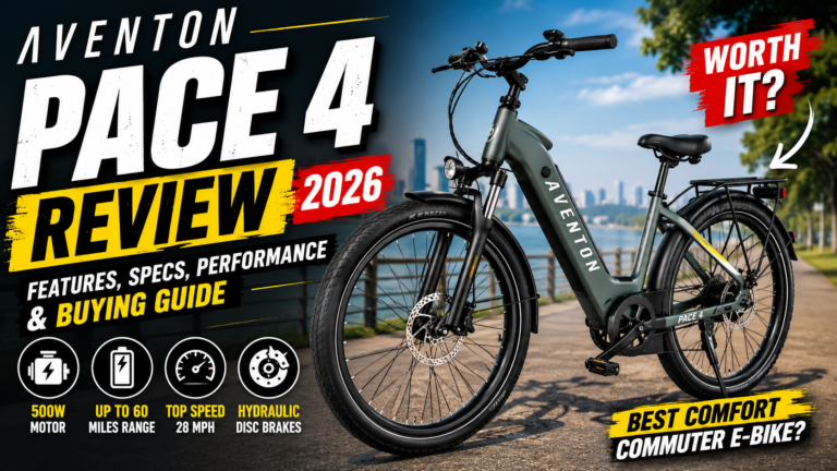 Aventon Pace 4 Review 2026 YouTube thumbnail featuring the electric bike with key features, specs, performance, and buying guide.