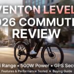 Aventon Level 3 Commuter e-bike 2026 review thumbnail showing the matte black bike in urban commute with rider, highlighting 70mi range, 500W power, and GPS security features