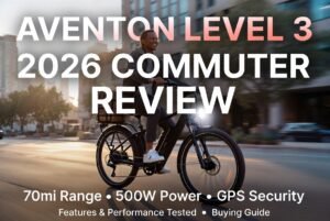 Aventon Level 3 Commuter e-bike 2026 review thumbnail showing the matte black bike in urban commute with rider, highlighting 70mi range, 500W power, and GPS security features