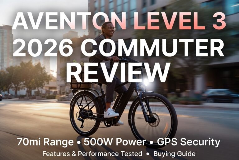 Aventon Level 3 Commuter e-bike 2026 review thumbnail showing the matte black bike in urban commute with rider, highlighting 70mi range, 500W power, and GPS security features
