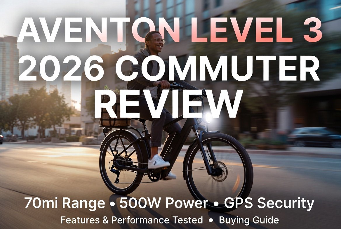 Aventon Level 3 Commuter e-bike 2026 review thumbnail showing the matte black bike in urban commute with rider, highlighting 70mi range, 500W power, and GPS security features
