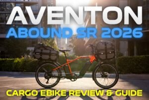 Ultra realistic 2026 Aventon Abound SR Cargo eBike on a sunny city street, fully loaded with cargo bags. YouTube thumbnail for review and guide video.