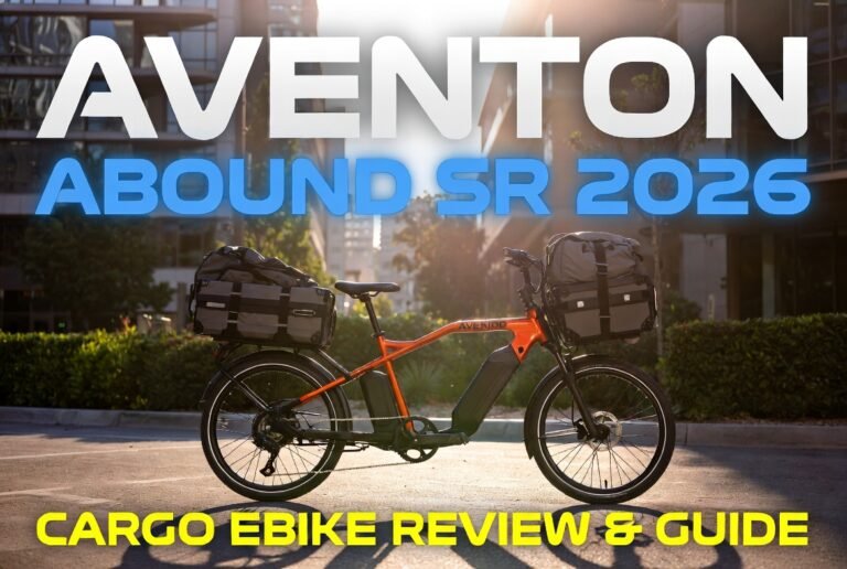 Ultra realistic 2026 Aventon Abound SR Cargo eBike on a sunny city street, fully loaded with cargo bags. YouTube thumbnail for review and guide video.