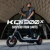 A helmeted man posing with an electric scooter in front of a modern architectural building with a patterned geometric facade.