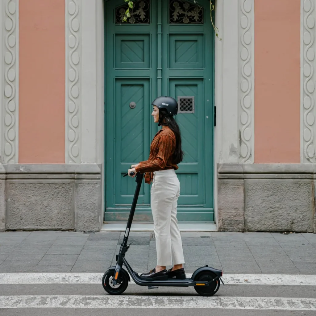A woman wearing a helmet and business-casual attire standing upright on a Segway electric scooter in front of a large teal door.