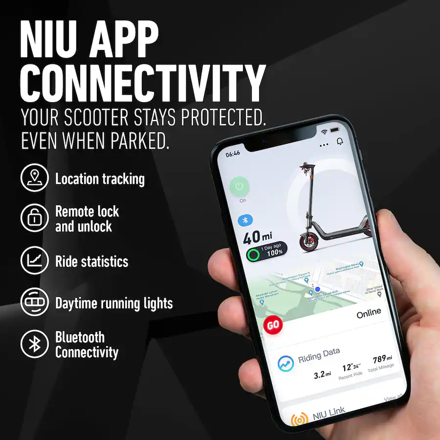 A hand holding a smartphone displaying the NIU mobile app interface with scooter location tracking and connectivity options.