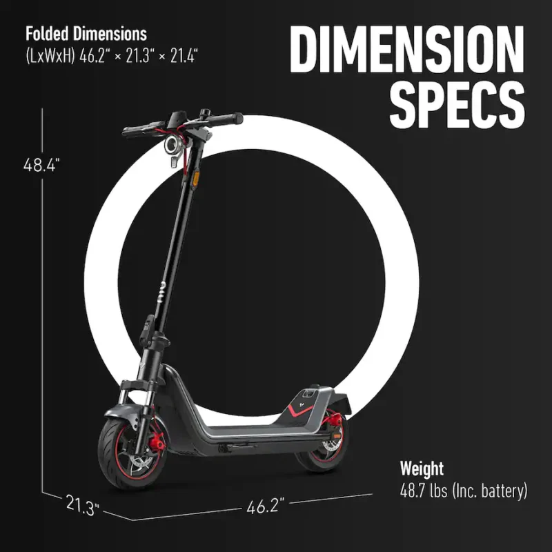 Dimension specifications graphic of the NIU KQi 300X electric scooter displaying folded and unfolded measurements, plus its weight.